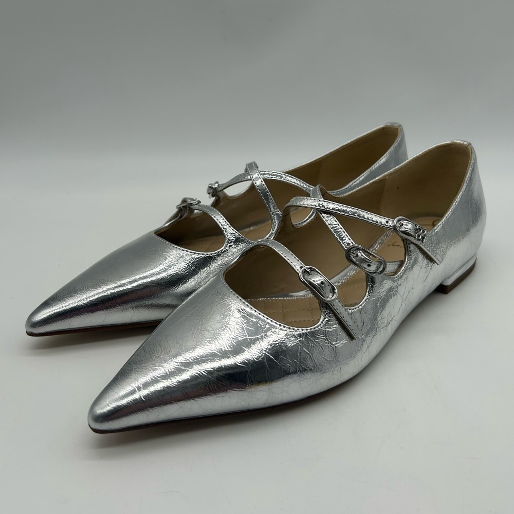 Sam Edelman Cass Silver Leather Pointed Toe 3-Strap Flats Sz 7.5 M New
With Box - Picture 5 of 11